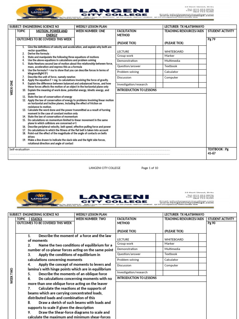 Lesson Plan For Engineering Science n3 by TX Hlatshwayo Done | PDF