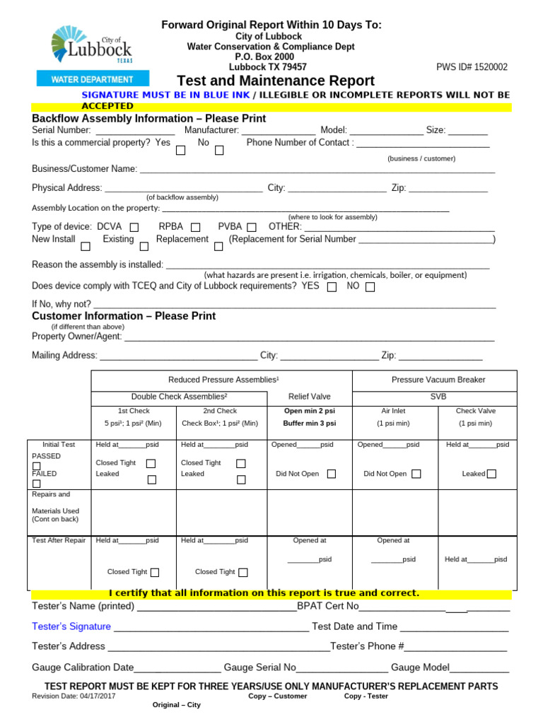 Lubbock Backflow Test Report Form | PDF | Mechanical Engineering | Gas ...