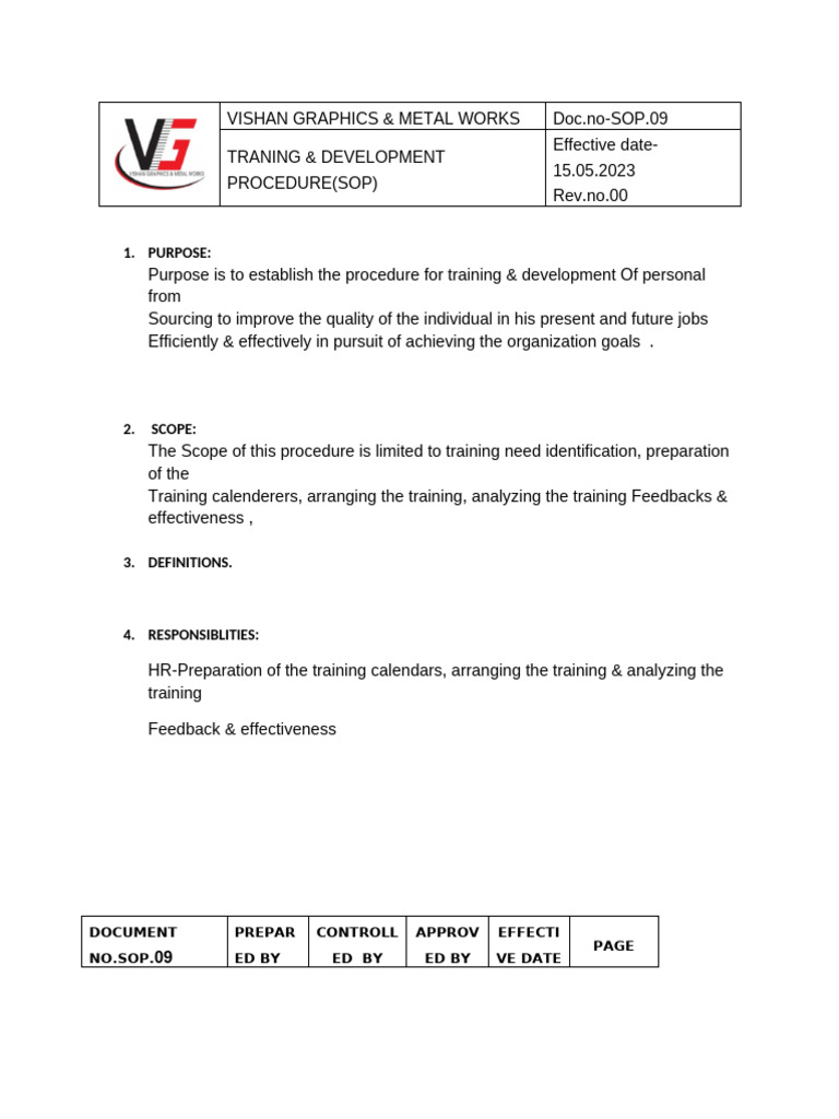 Traning & Development Procdure (Sop) | PDF