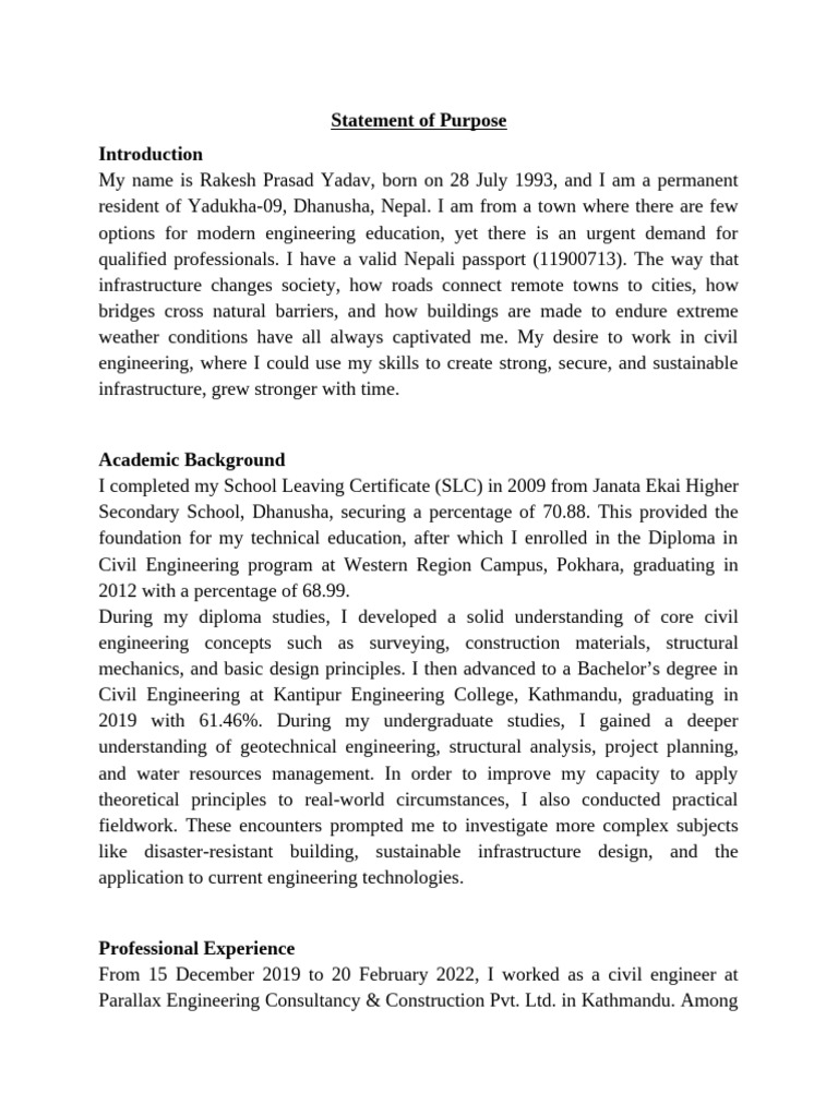 Statement of Purpose for MSc Civil Engineering | PDF | Civil ...