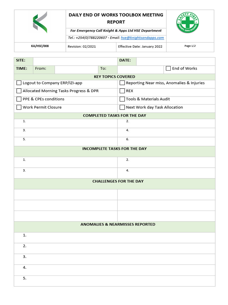Daily Toolbox Meeting Report Template | PDF
