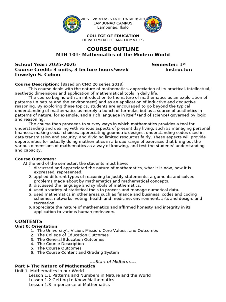 2025 MTH 101 Course Outline | PDF | Mathematics | Statistics
