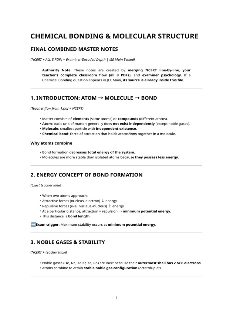 JEE Main Chemical Bonding Notes | PDF | Covalent Bond | Ionic Bonding