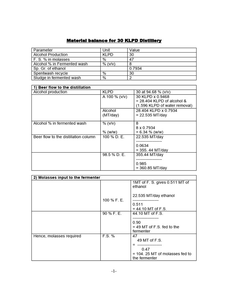 Material Balance For 30 KLPD Distillery PDF | PDF | Ethanol | Fermentation