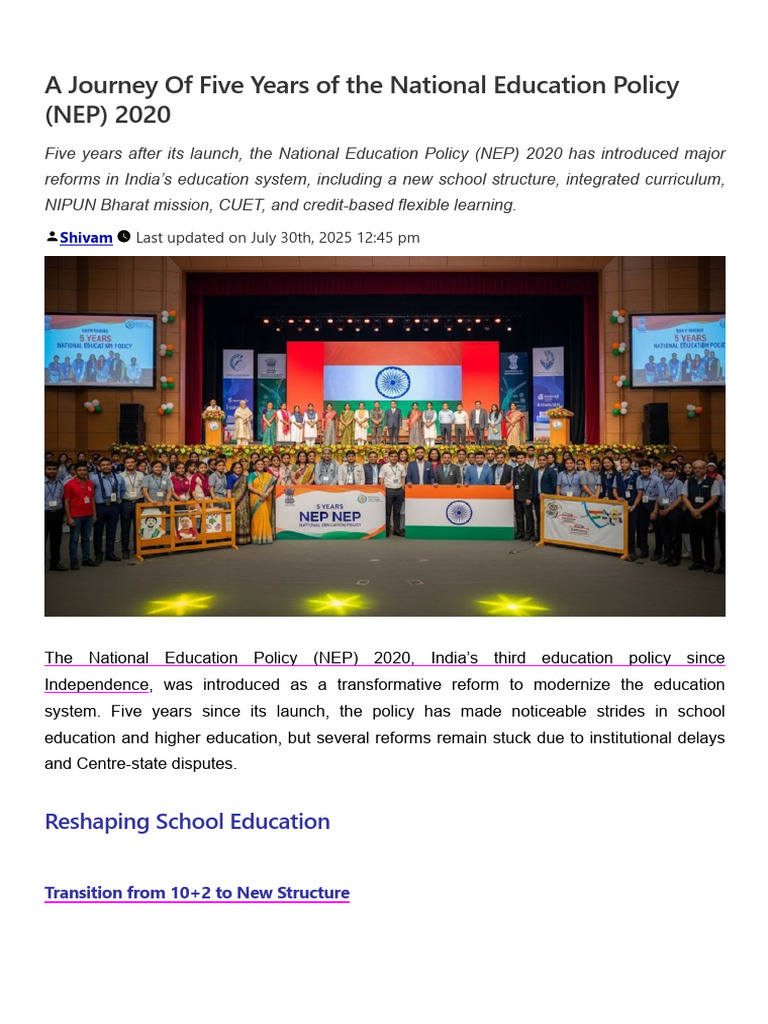 F. Journey of Five Years of The National Education Policy (NEP) 2020 | PDF