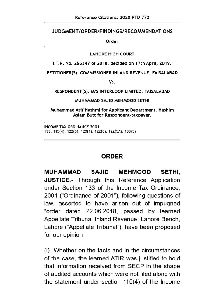 Lahore High Court Tax Reference Ruling | PDF | Taxes | Public Law