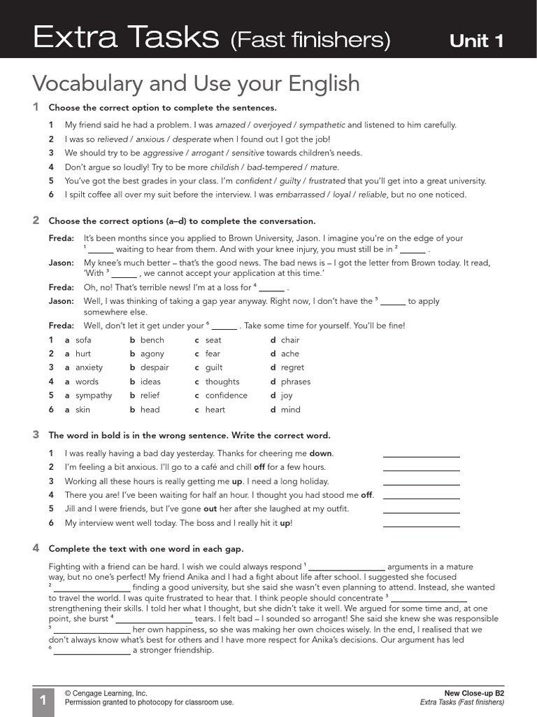 B2 Extra Tasks (Fast Finishers) Unit 1 | PDF