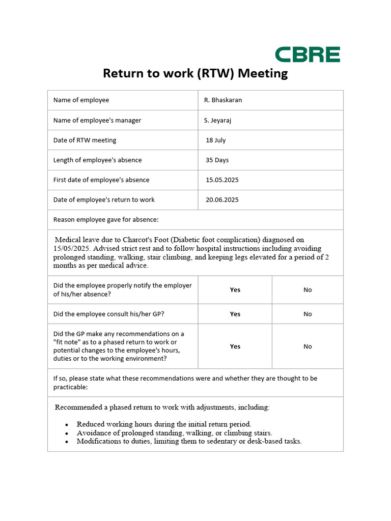 RTW Meeting for Employee Medical Leave | PDF | Employment | Medical ...