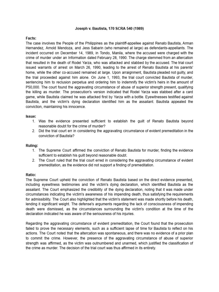 Joseph v. Bautista, 170 SCRA 540 (1989) | PDF | Murder | Arrest