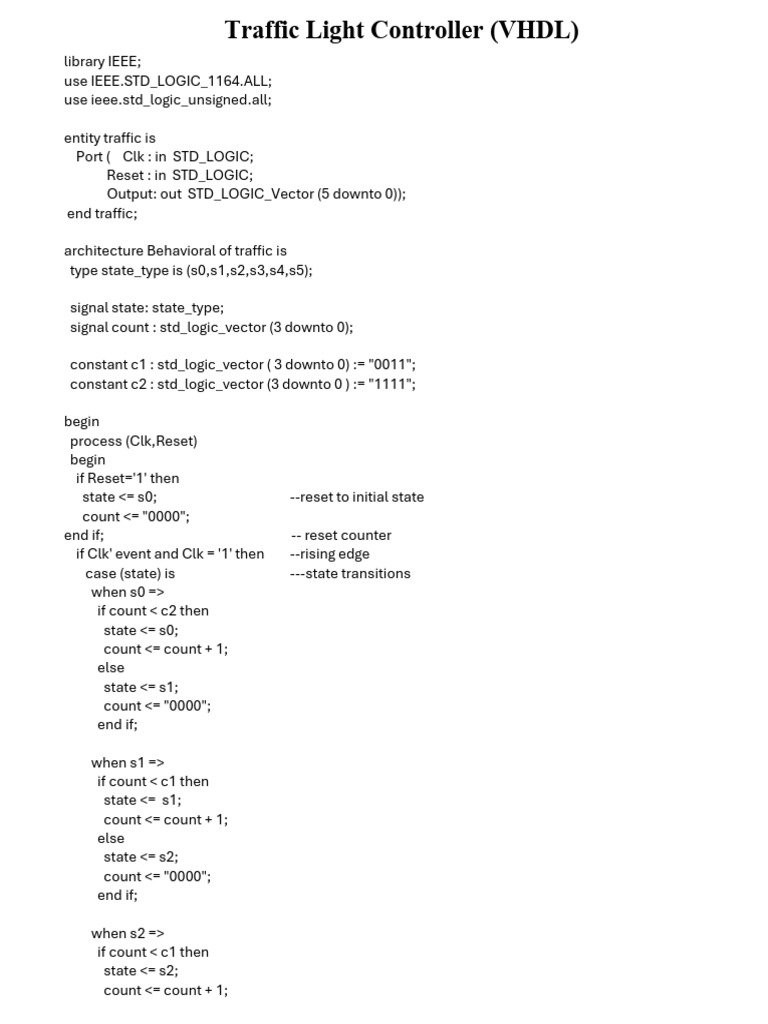 VHDL Traffic Light Controller Code | PDF | Vhdl | Computer Engineering