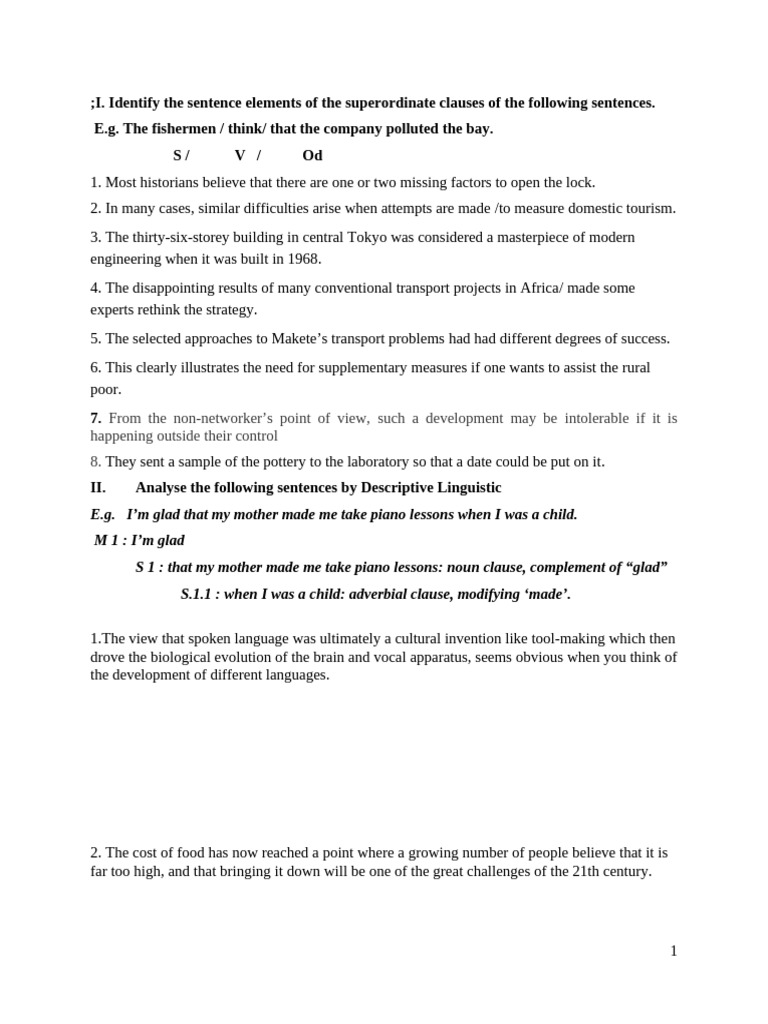 Sentence Structure Analysis and Exercises | PDF | Clause | Language ...