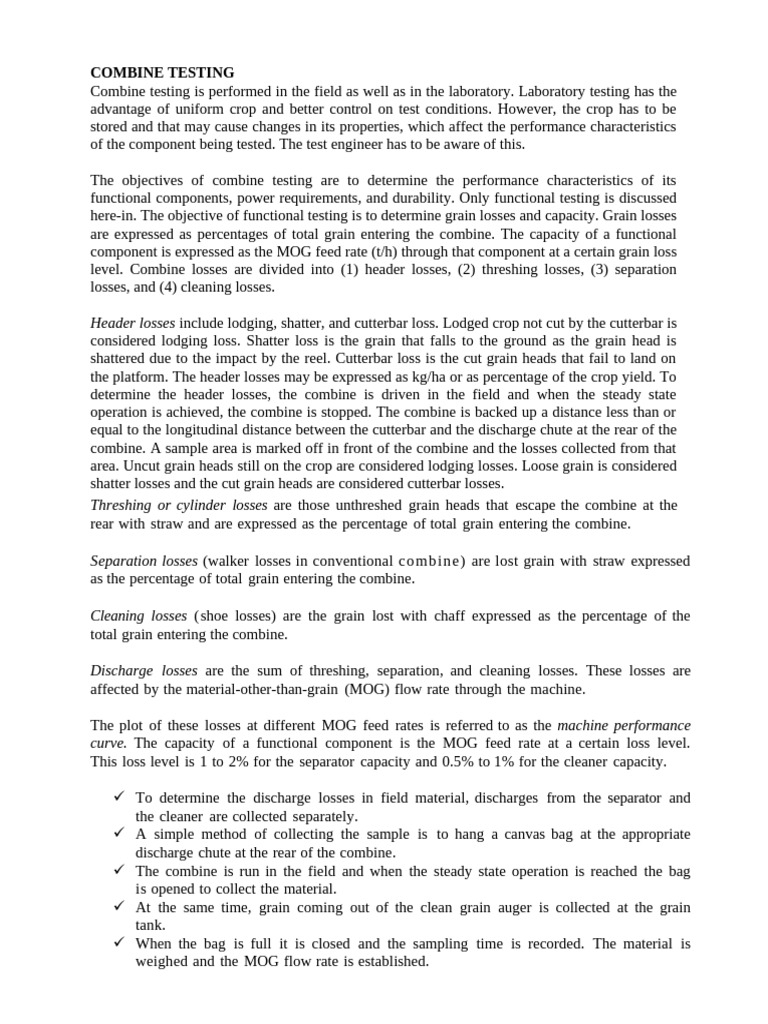 Combine Testing: Performance & Loss Analysis | PDF | Mechanical Engineering