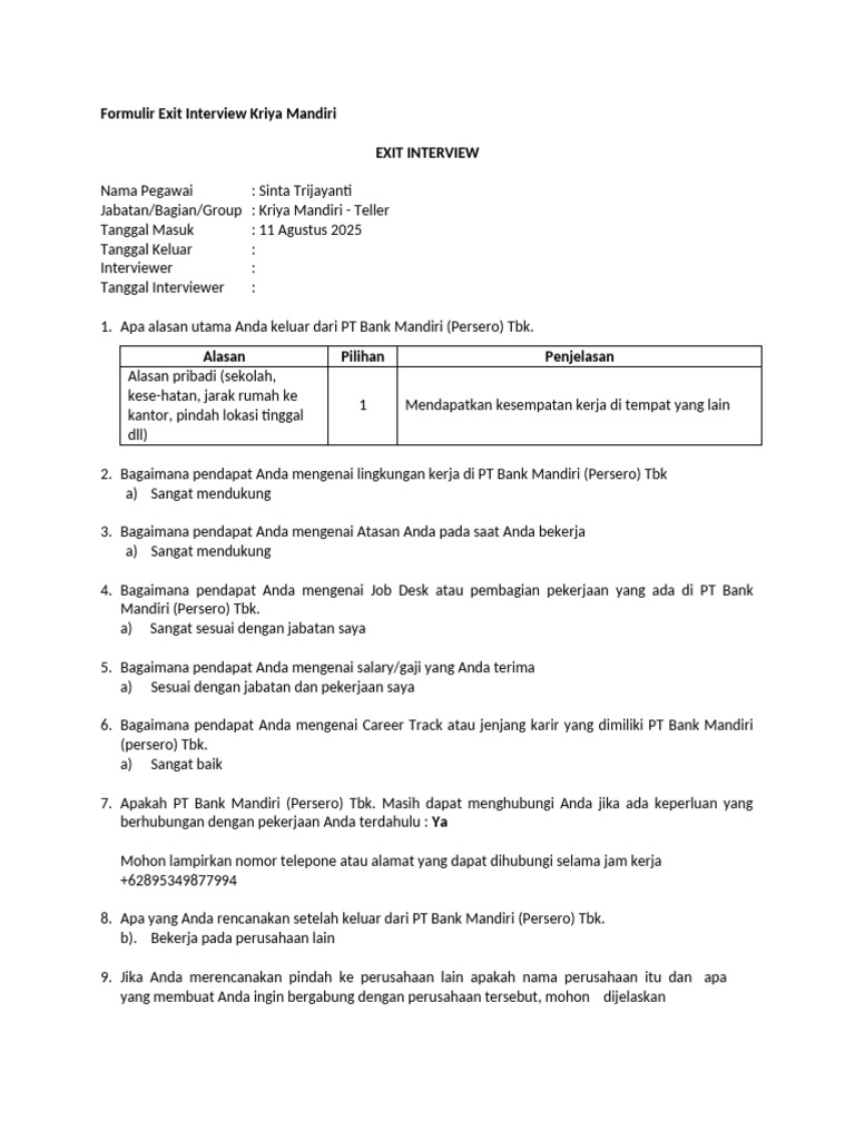Formulir Exit Interview Kriya Mandiri | PDF