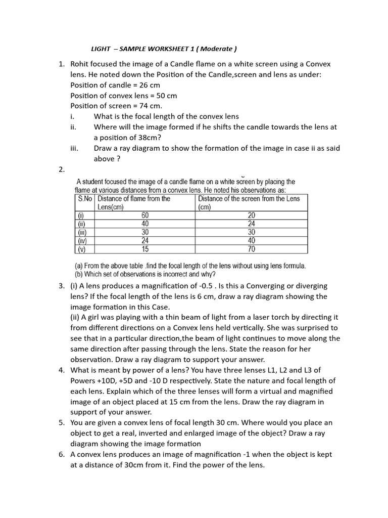 Lens and Image Formation Worksheet | PDF | Electrodynamics | Light