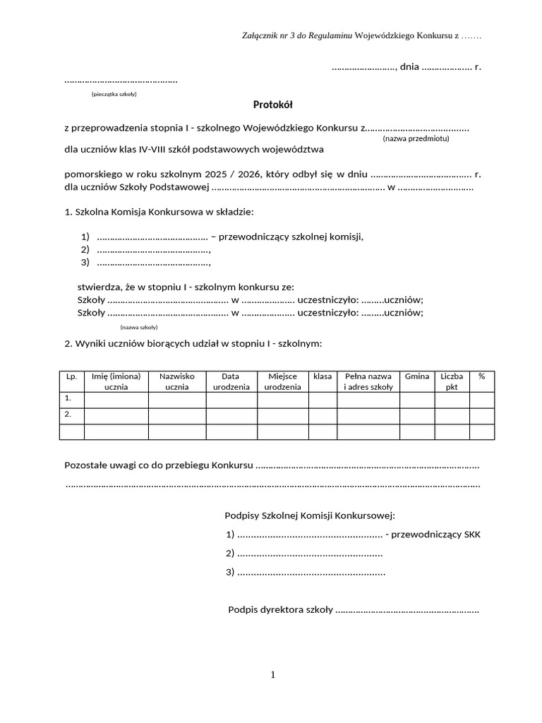 Zalacznik NR 3... Protokol Stopien I Szkolny | PDF