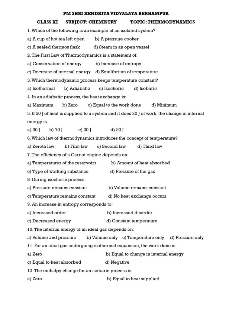 Class XI Chemistry: Thermodynamics Quiz | PDF | Heat | Temperature