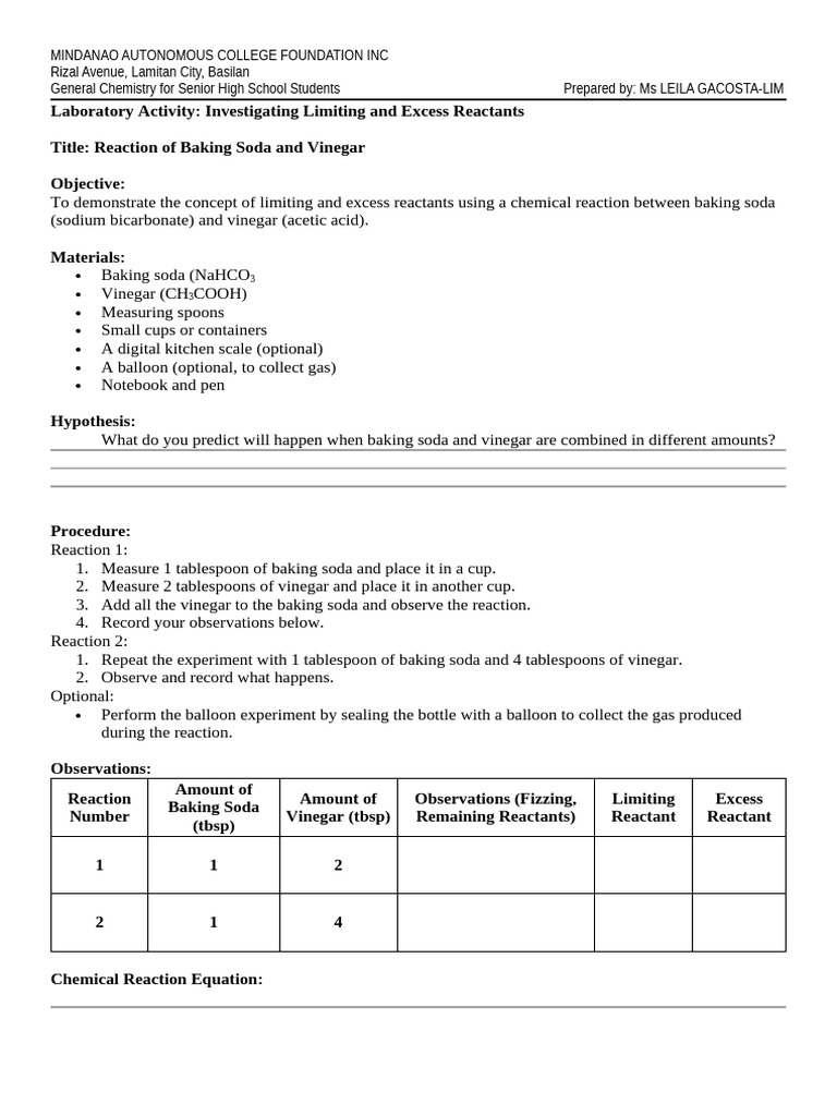 Limiting vs. Excess Reactants Lab | PDF