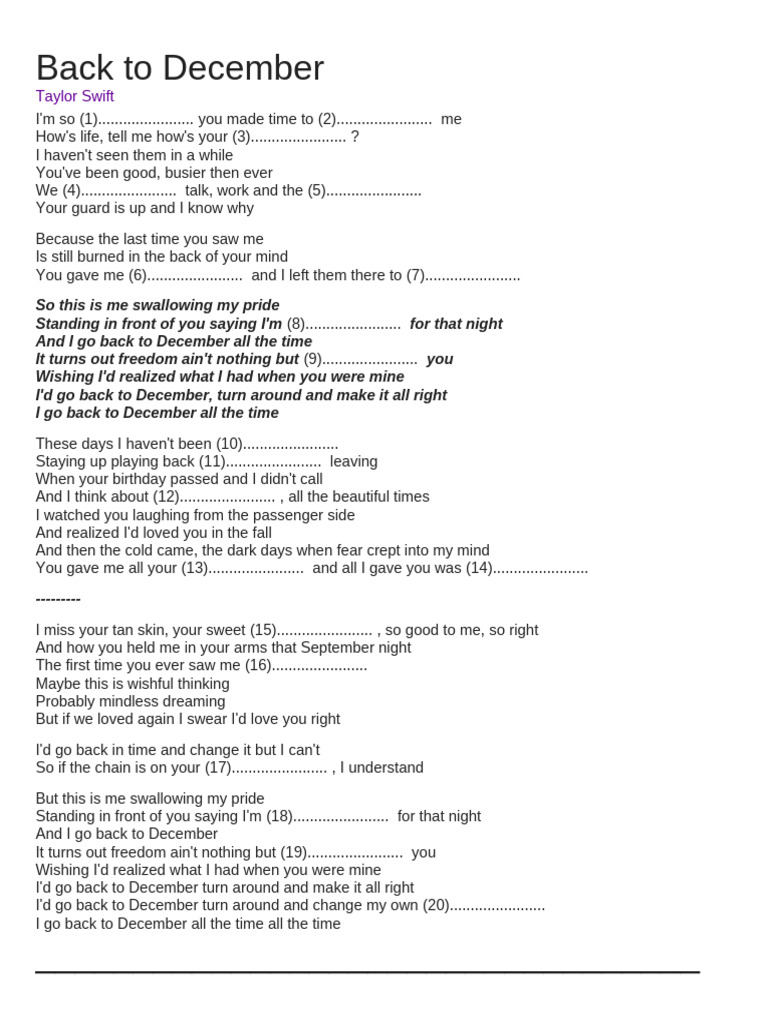 Taylor Swift's "Back to December" Lyrics | PDF