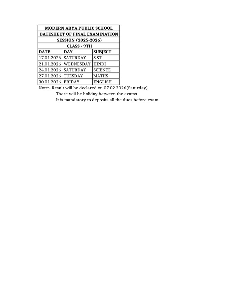 Class 9 Final Exam Datesheet 2026 | PDF