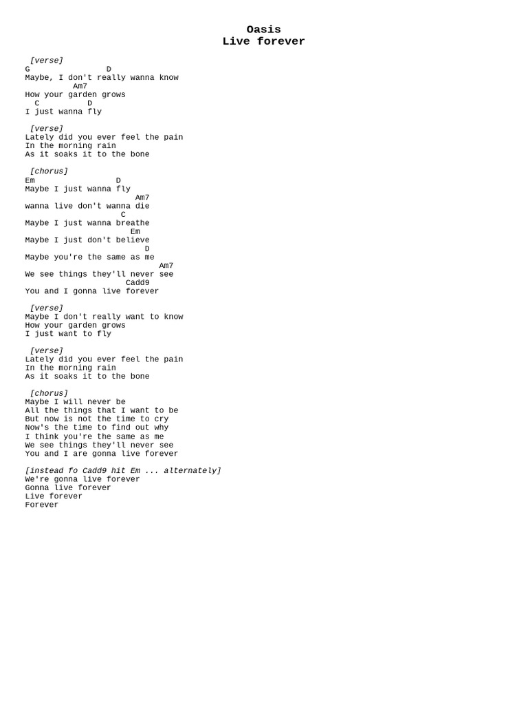 Oasis Song Lyrics: Live Forever | PDF