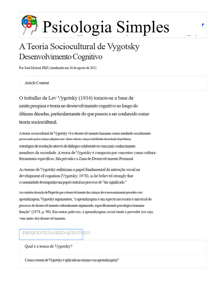 A Teoria Sociocultural Do Desenvolvimento Cognitivo de Lev Vygotsky ...