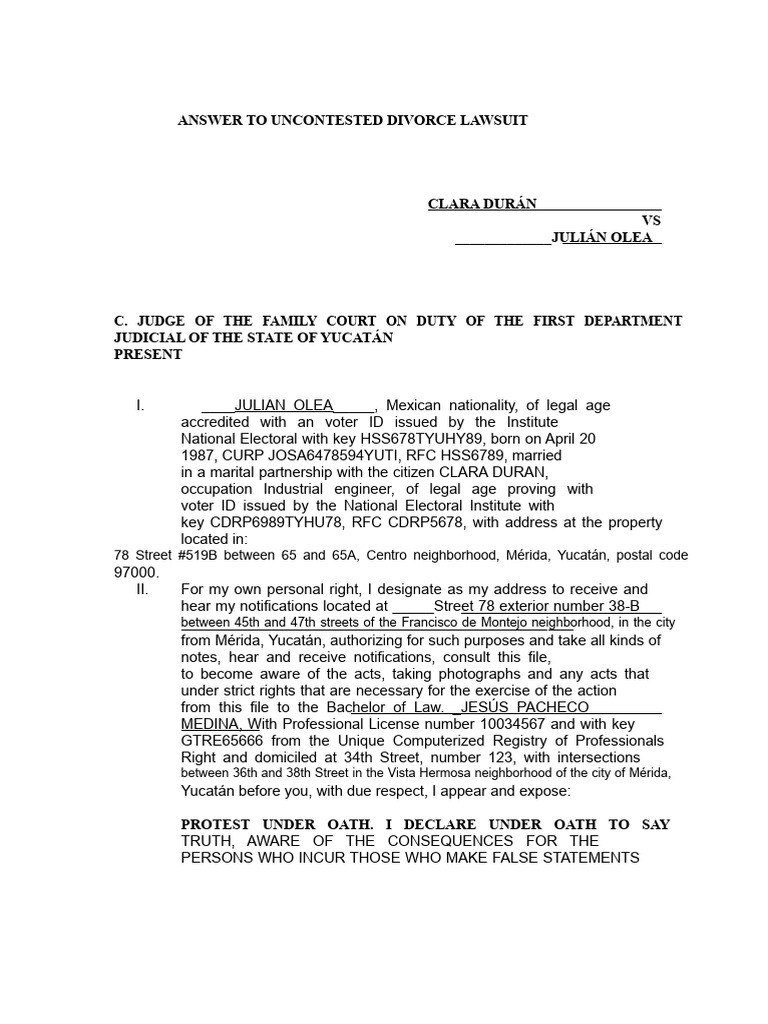 Uncontested Divorce Response Yucatán | PDF | Divorce | Lawsuit