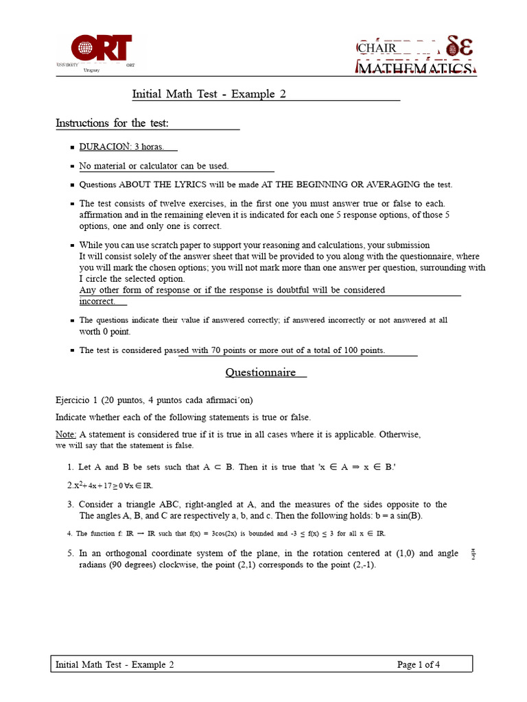 Initial Math Test Instructions | PDF | Angle | Mathematics