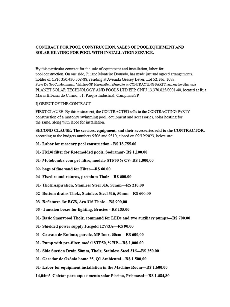 Contract For Pool Construction | PDF