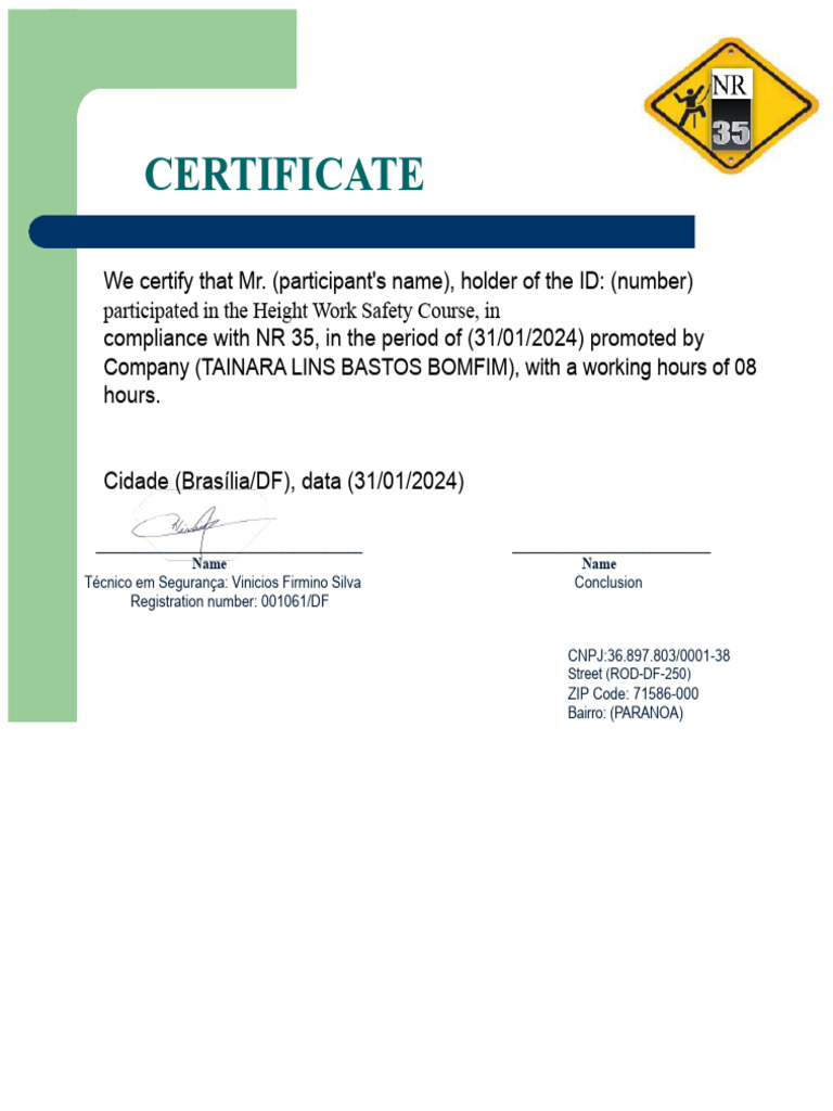 Height Work Safety Course Certificate | PDF