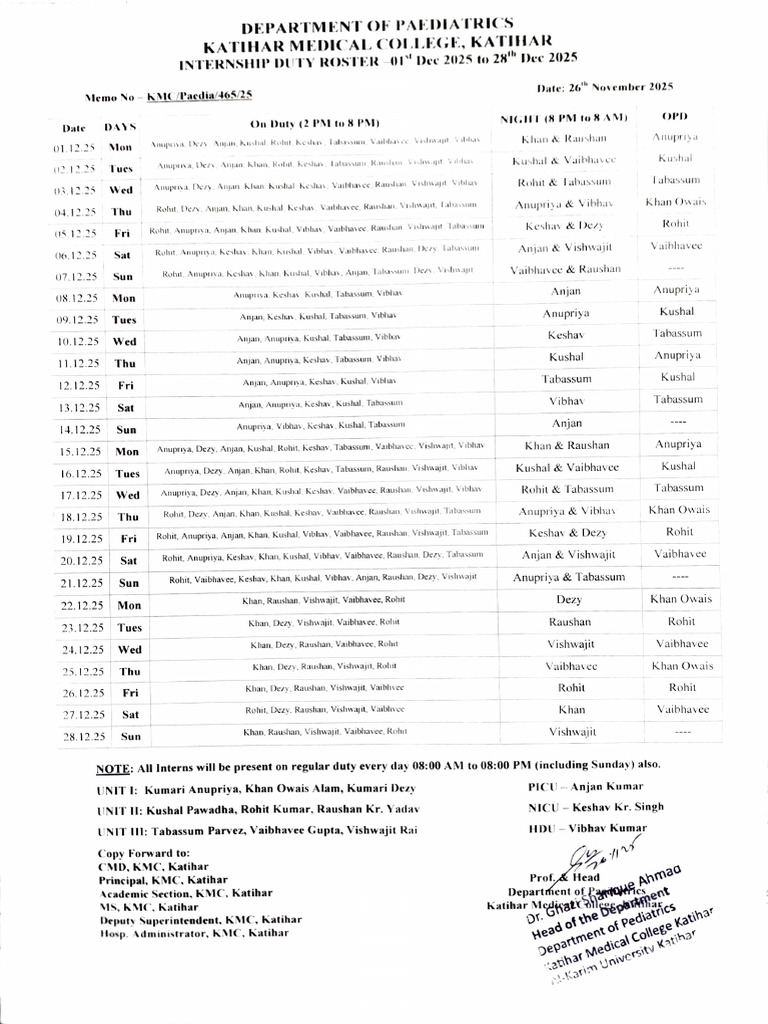 Internship Duty Roster: Dec 2025 | PDF