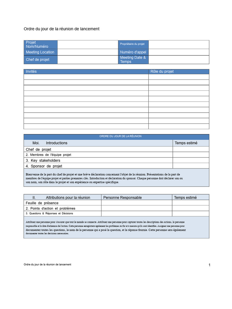 Ordre Du Jour R union De Lancement Projet PDF Gestion De Projet