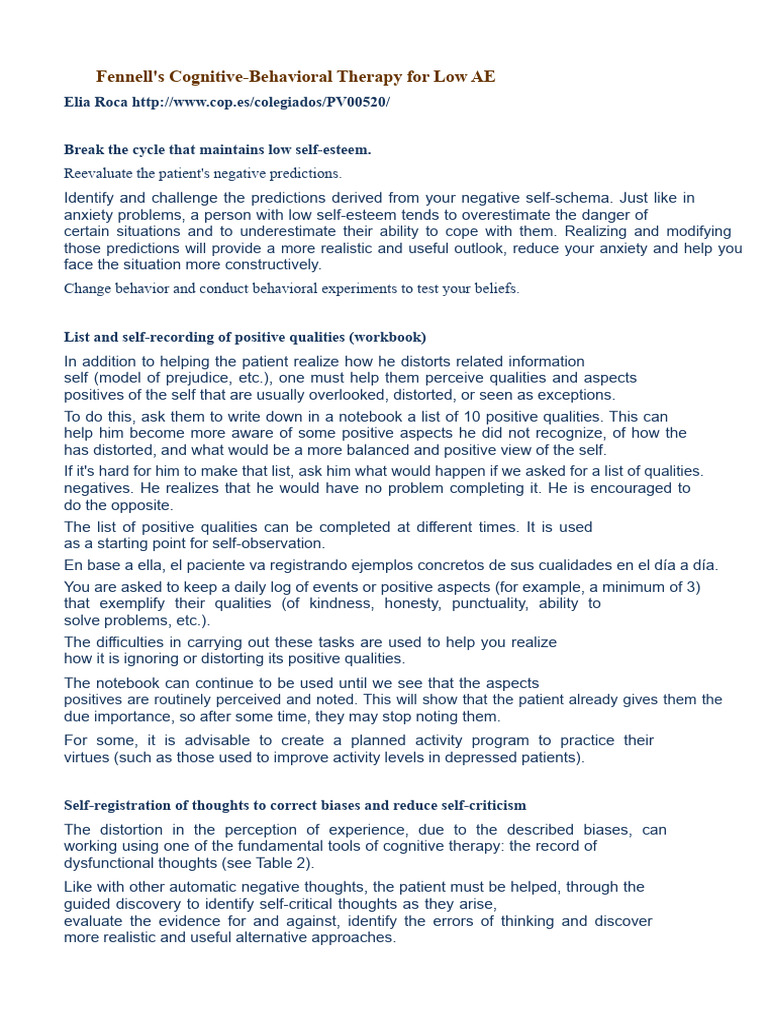 Fenell low self-esteem.pdf | PDF | Cognitive Therapy | Thought