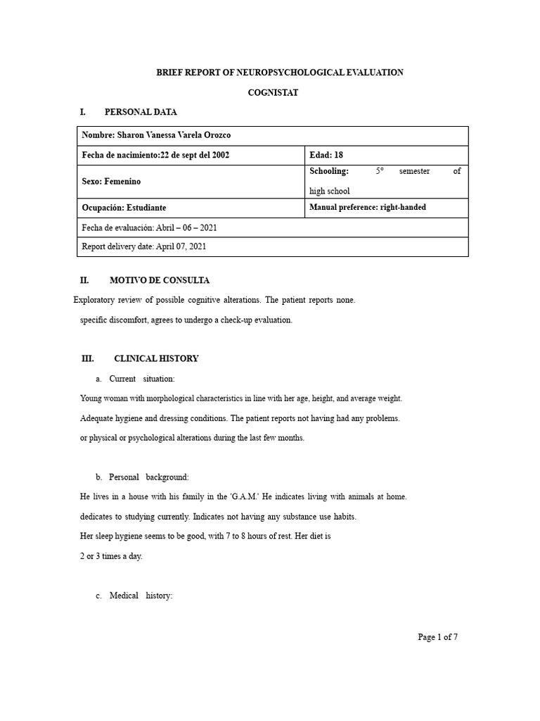 Neuropsychological Evaluation Report | PDF | Memory | Reason