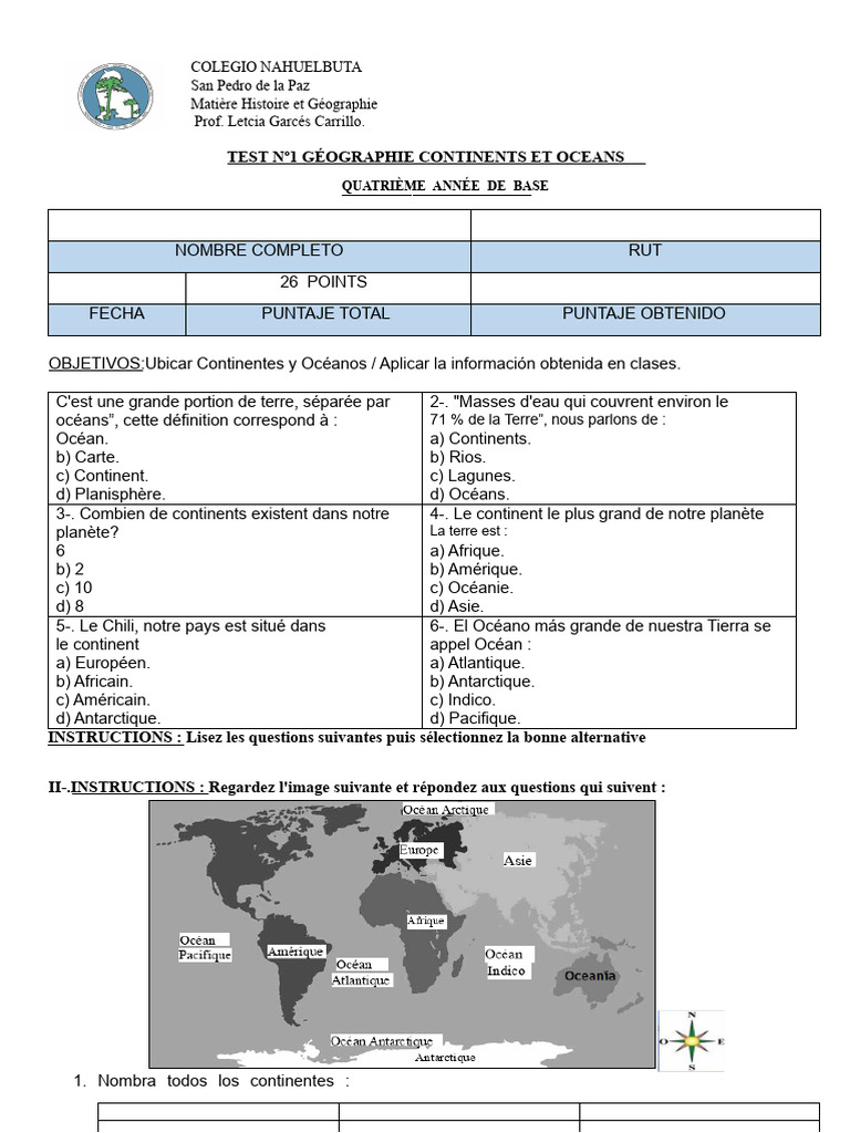 Test de géographie : continents et océans | PDF | Continent | Sciences ...