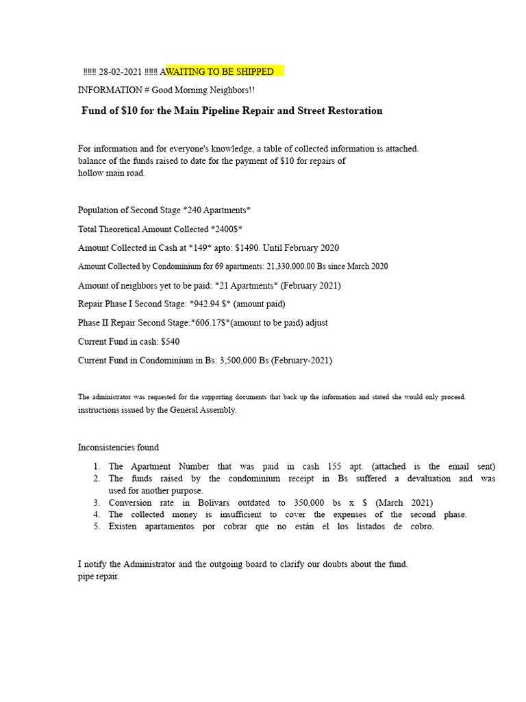 Condo Fund Update: Pipeline Repairs | PDF | Valve | Waste