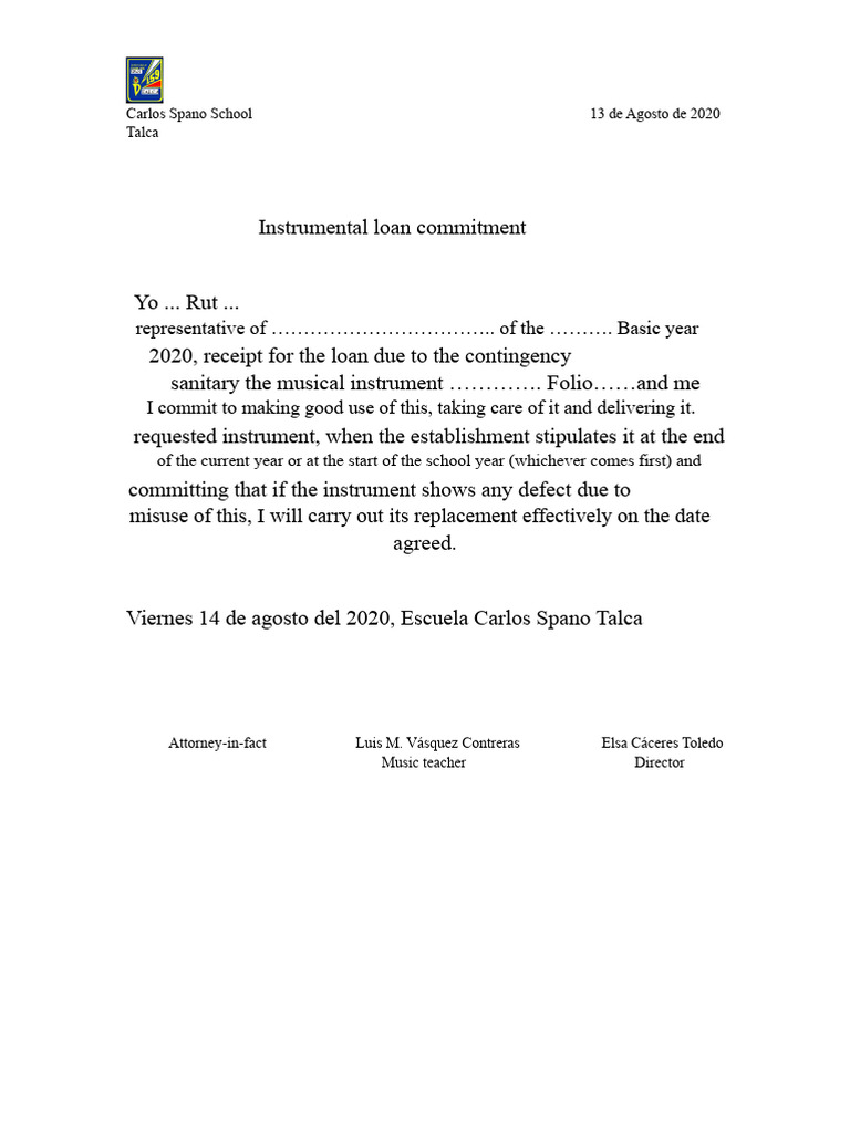 Instrument Loan Agreement - Carlos Spano School | PDF