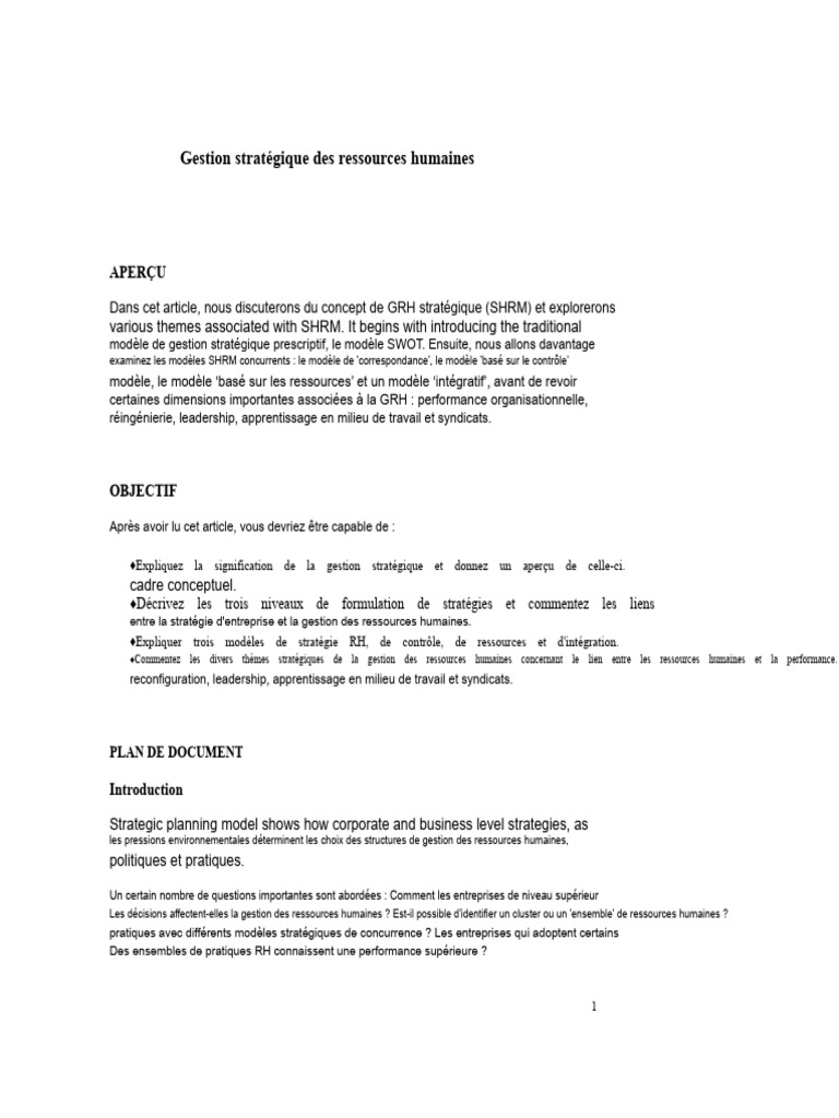 Gestion stratégique des ressources humaines | PDF | Gestion des ...