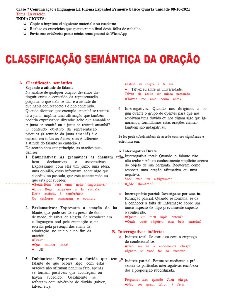 Classificação Semântica da Oração em Espanhol | PDF | Oração | Atitude ...