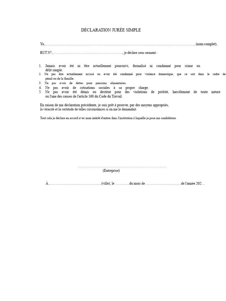 Déclaration jurée simple pour candidature | PDF
