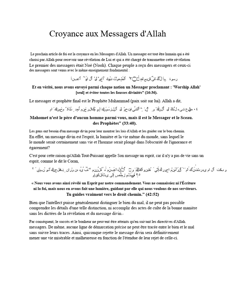 Croyance en les Messagers d'Allah | PDF | Allah | Mahomet