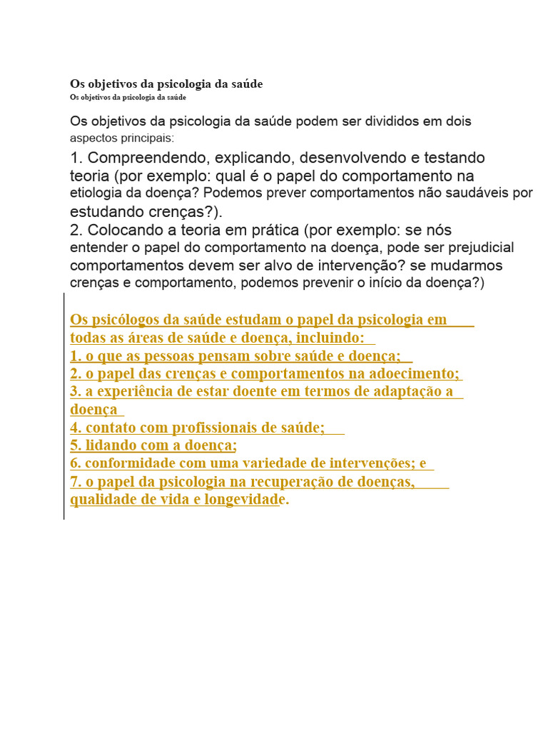 Objetivos da Psicologia da Saúde | PDF