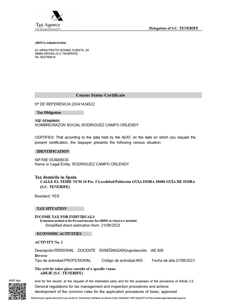 S.C. Tenerife Tax Status Certificate | PDF | Taxes
