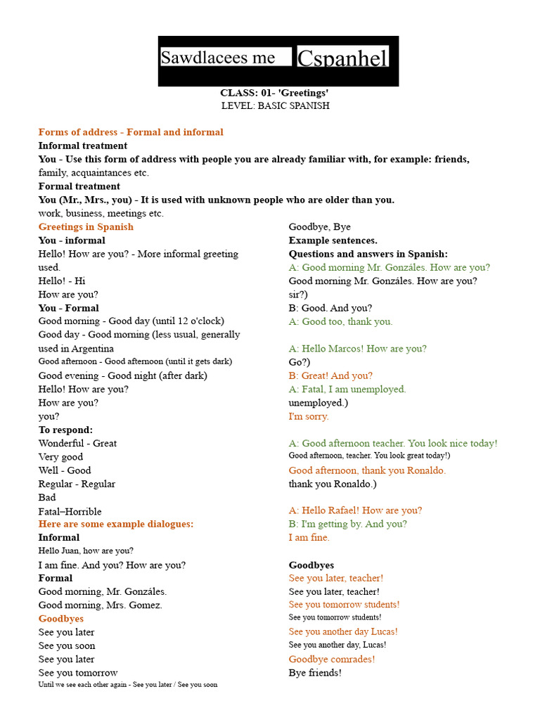 Basic Spanish Greetings Guide | PDF | Grammatical Number | Linguistic ...