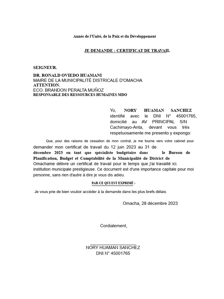 Demande de certificat de travail 2023 | PDF