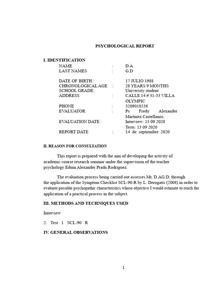 Psychological Evaluation Report SCL-90-R | PDF | Anxiety | Obsessive ...