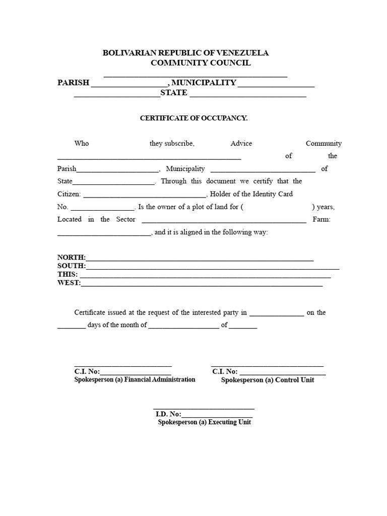 Certificate of Occupancy Template Venezuela | PDF