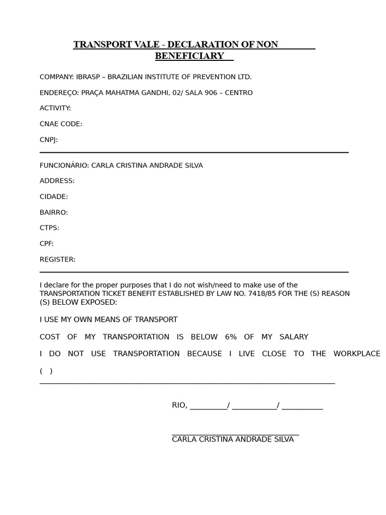 TRANSPORTATION ALLOWANCE - NON-BENEFICIARY DECLARATION.doc | PDF