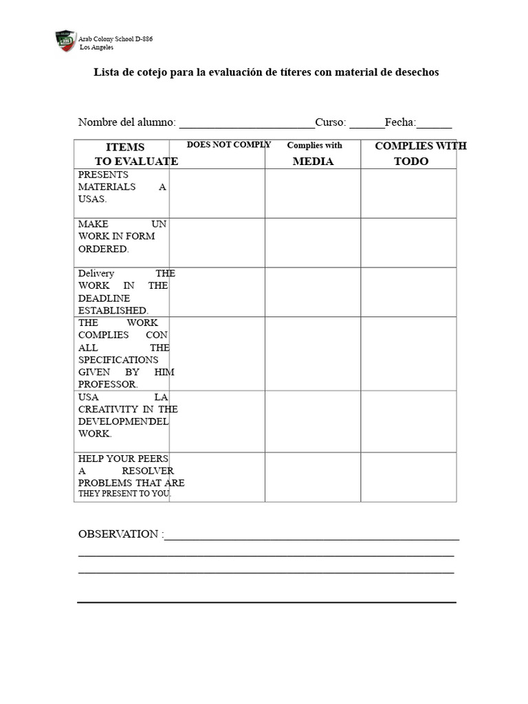 Checklist For The Evaluation of Puppets Made With Waste Materials | PDF