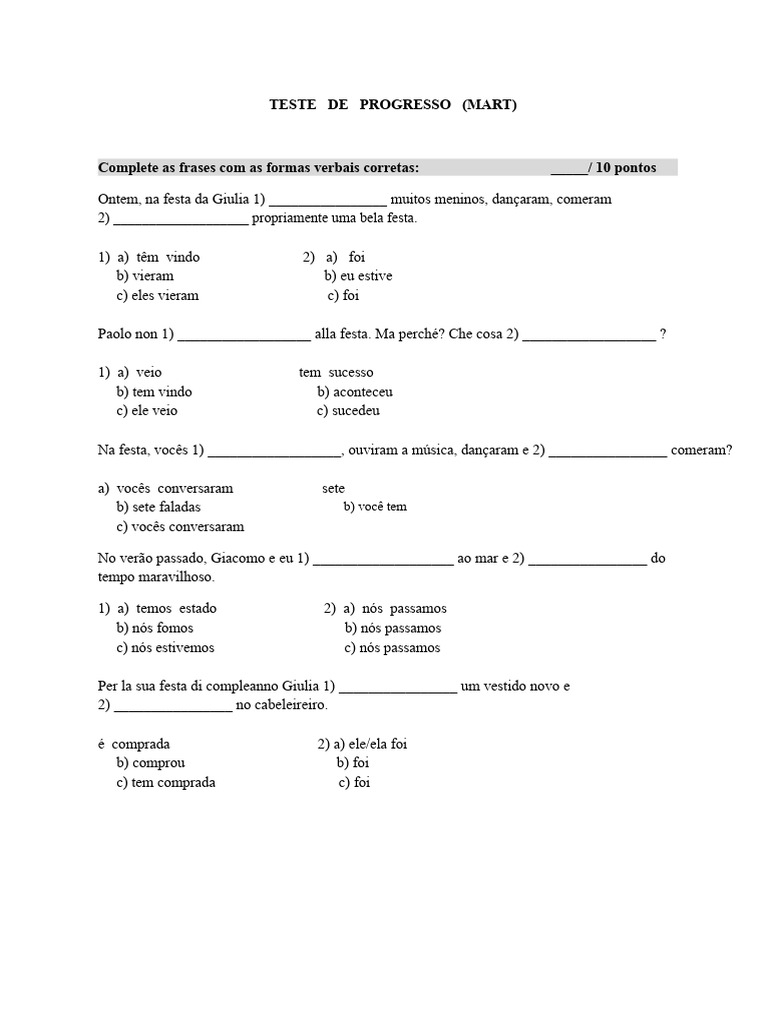 Língua Italiana, 7º Ano, Teste 1, Março - Raba Hodžić | PDF