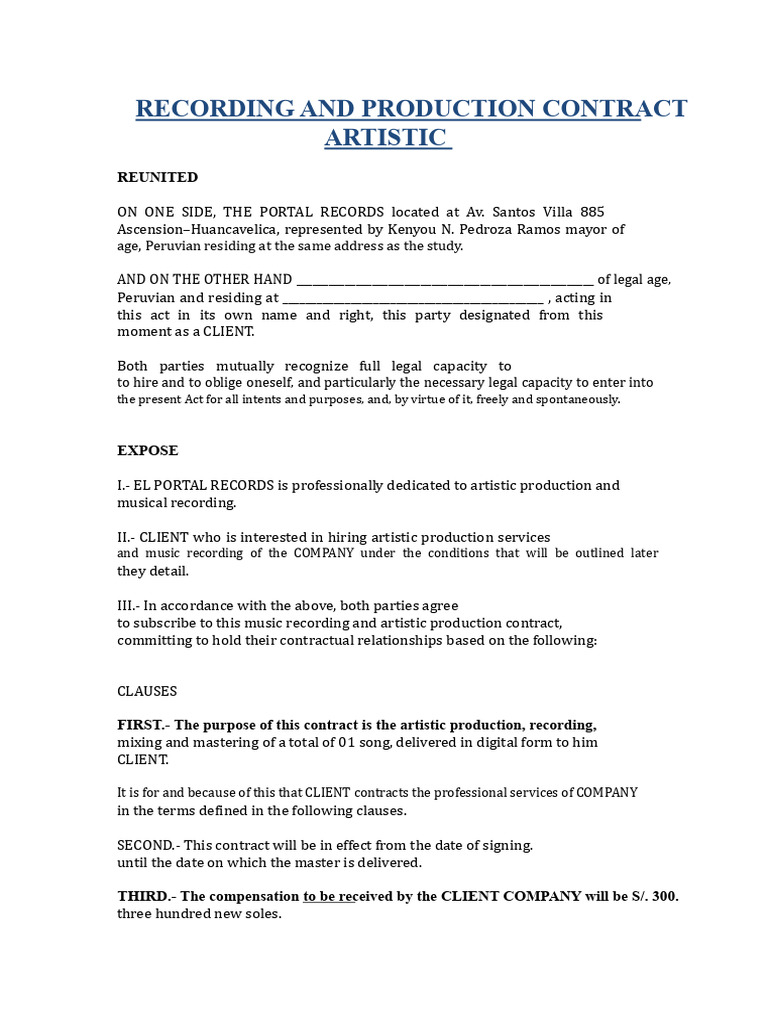 Music Recording Contract Template | PDF | Common Law | Civil Law (Legal ...